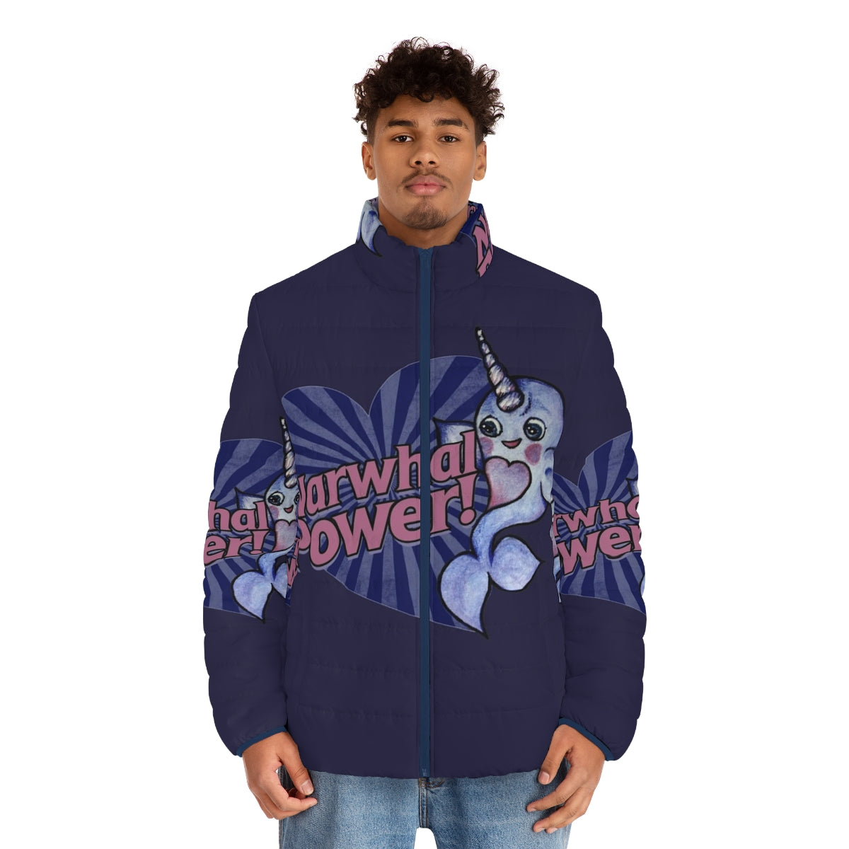 A cozy and stylish narwhal power puffer jacket in blue and purple - men front