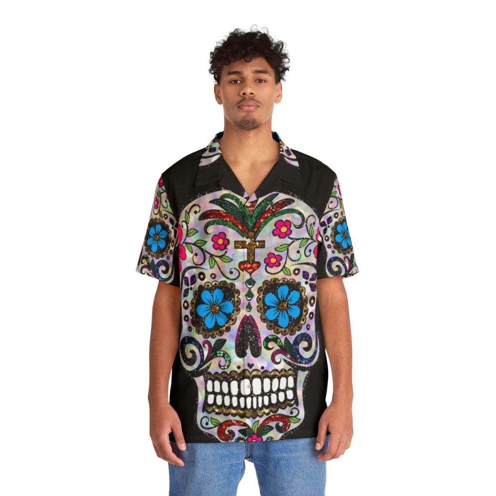 Floral sugar skull sequin Hawaiian shirt for Dia de los Muertos - People Front