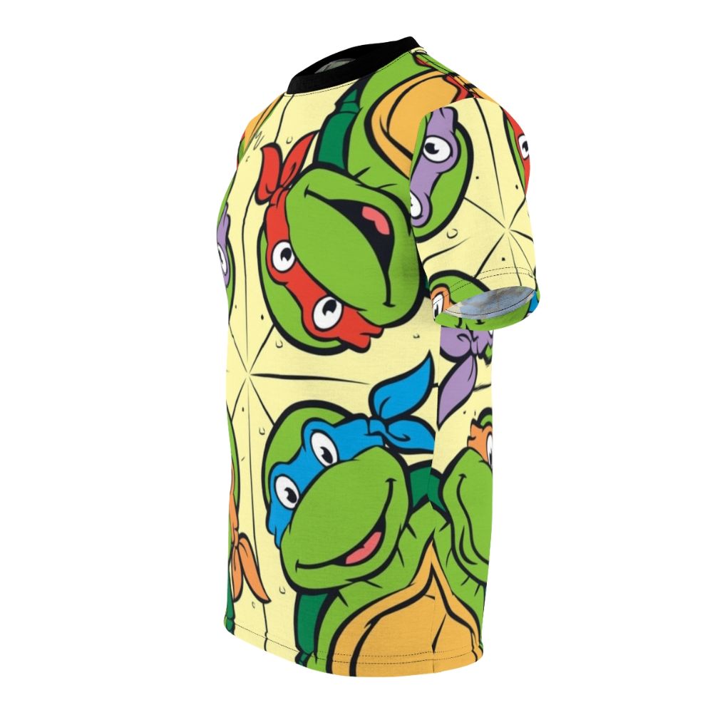 Retro-style t-shirt featuring a pizza-themed design inspired by the classic Teenage Mutant Ninja Turtles cartoon - men left