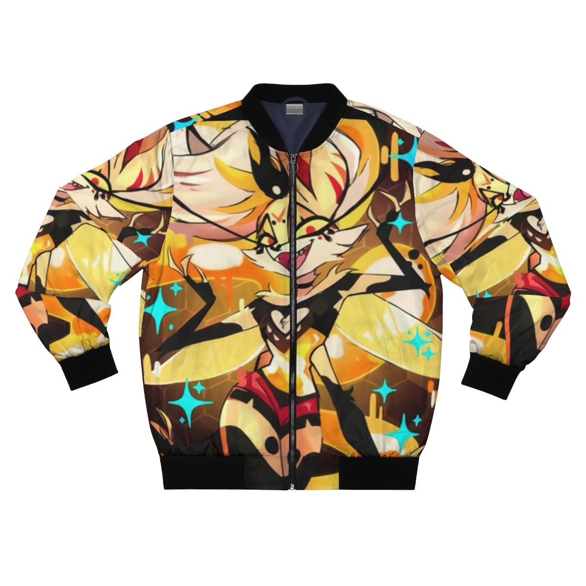 Beelzebub Helluva Boss bomber jacket featuring a fierce, badass design with a bee, honeycomb, and fiery elements.