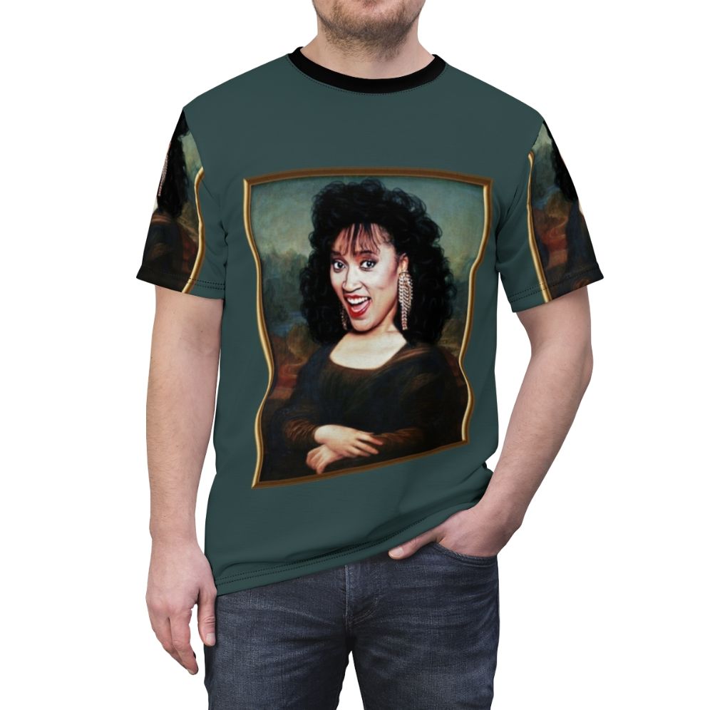 Mona Lisa and Jackee Harry Pop Art T-Shirt featuring an artistic mashup of the classic Mona Lisa painting and the iconic actress Jackee Harry from the '80s sitcom Sister Sister. - men front