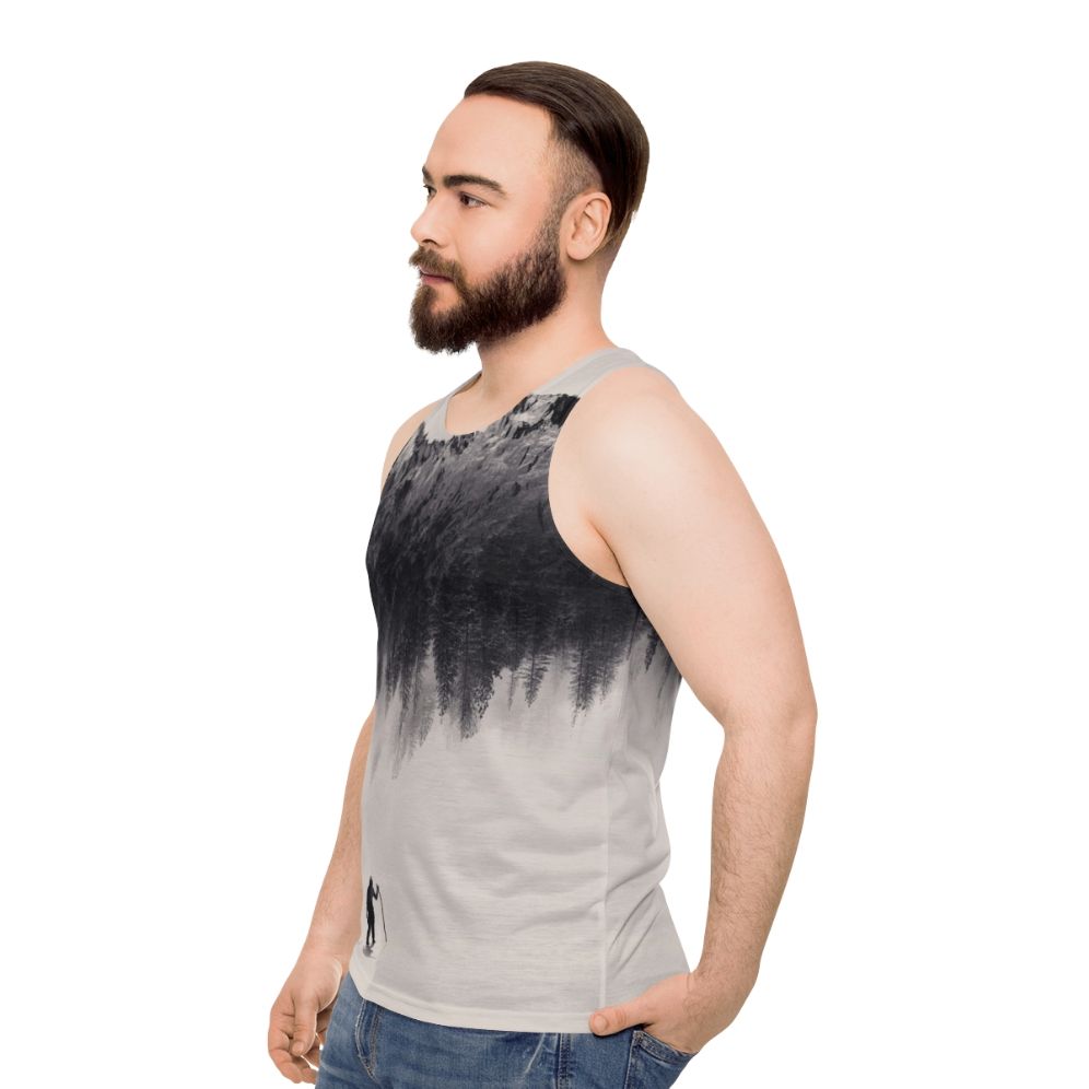 Adventurous unisex tank top featuring a nature-inspired double exposure design - men side