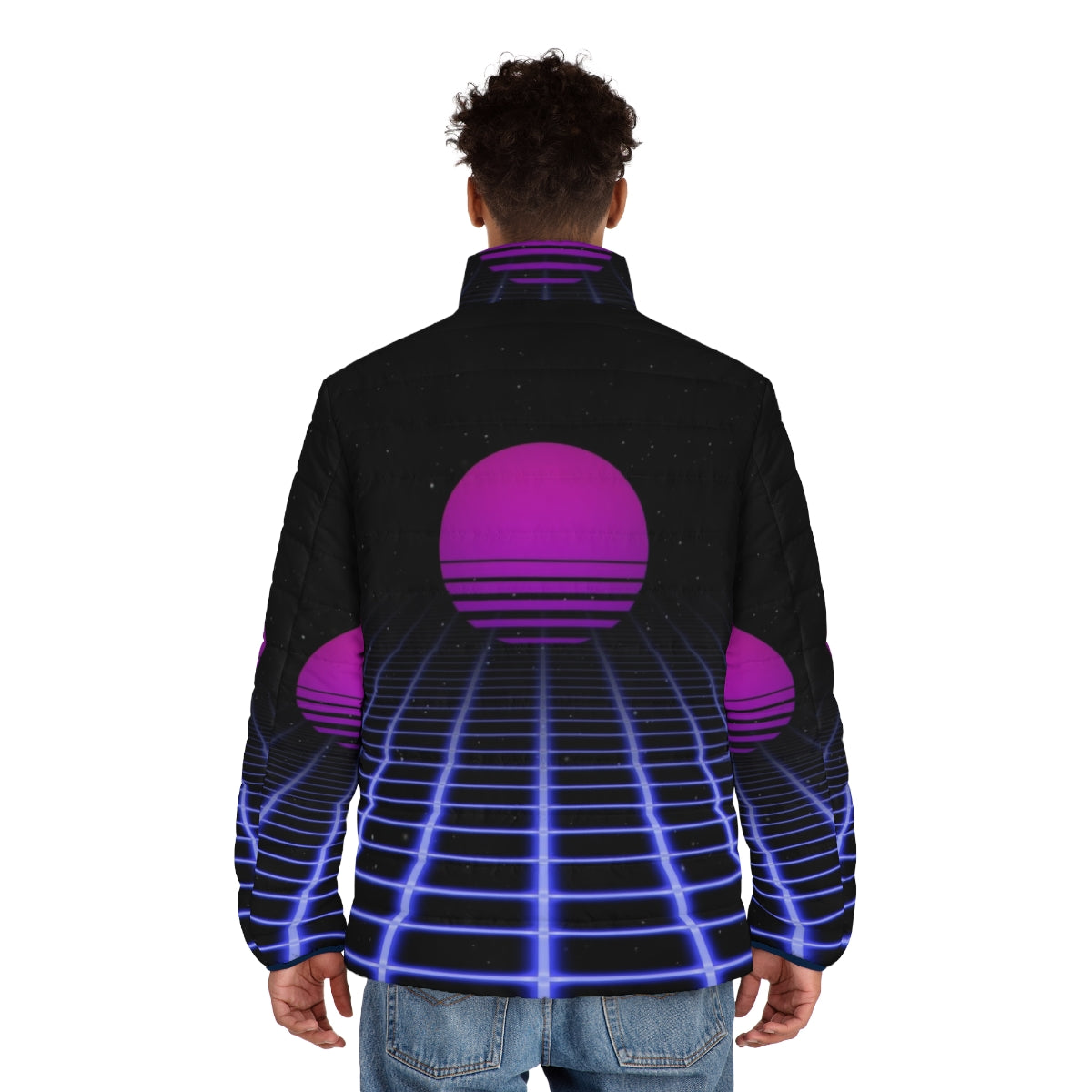 80s digital sunset aesthetic puffer jacket with glowing grid design - men back