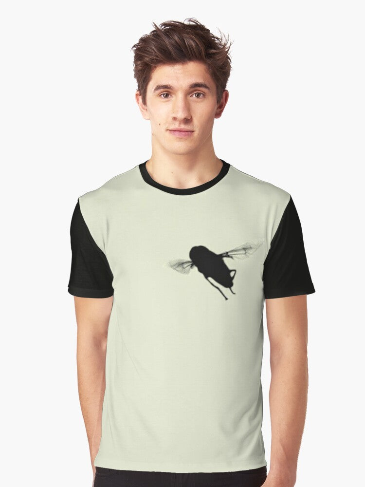 A minimalist silhouette design of a hover fly or syrphid fly on a black and cream t-shirt. - Men