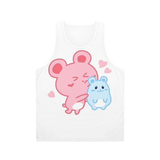 Unisex tank top with cute hamster design and pastel hearts pattern