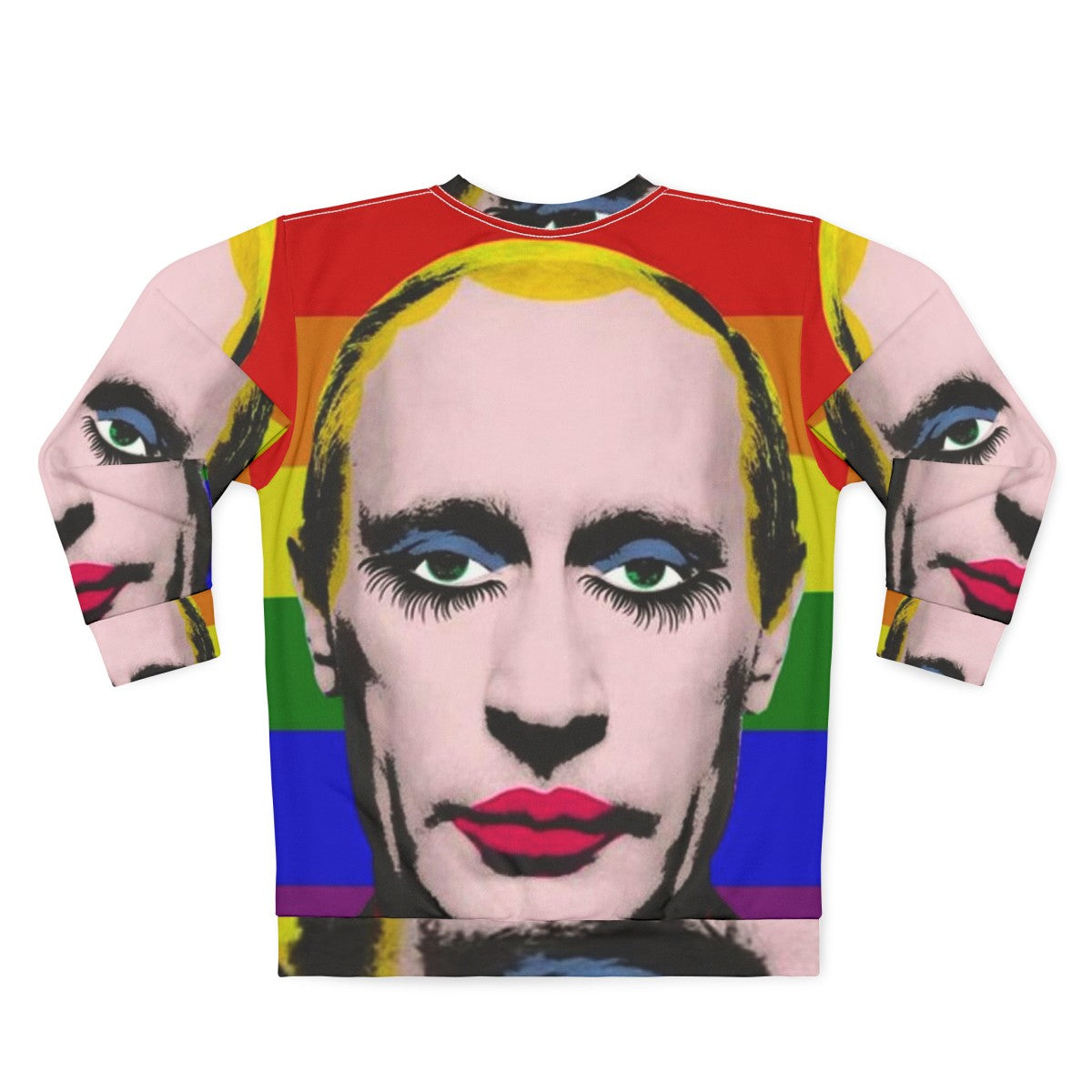 Gay Putin Pride Flag Sweatshirt featuring drag queen imagery as protest art - Back