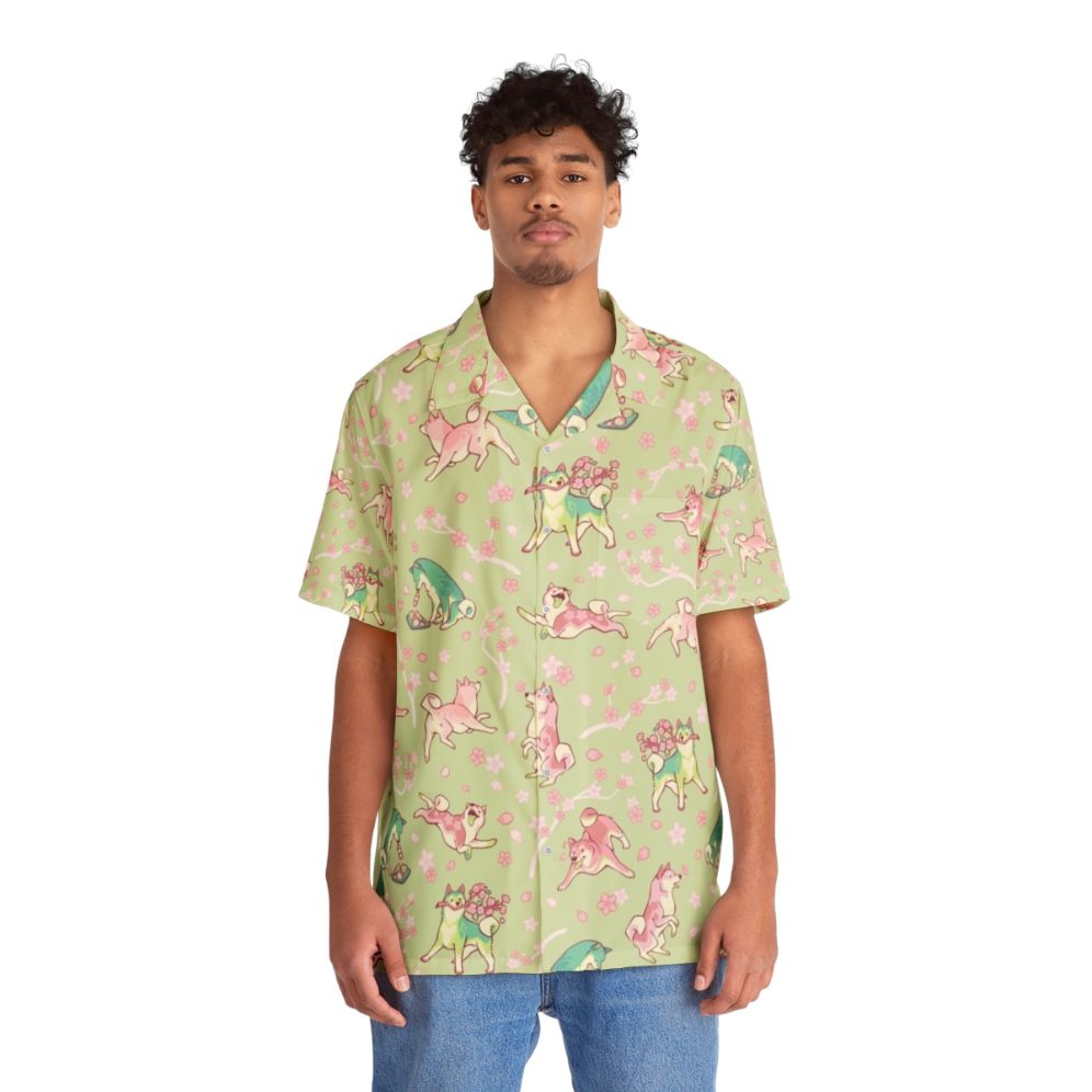 Shibakura Matchinu Matcha Green Hawaiian Shirt with Shiba Inu and Cherry Blossom Print - People Front