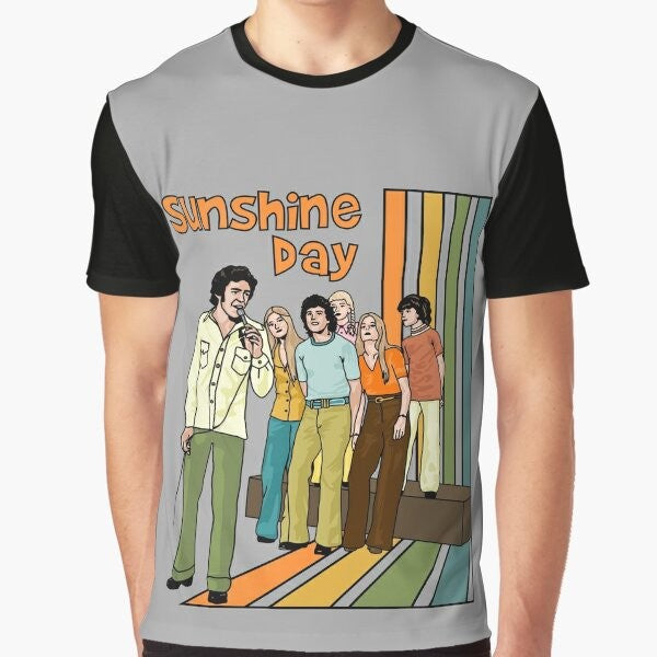 Vintage-style graphic t-shirt featuring the iconic "The Brady Bunch" cast and "Sunshine Day" text