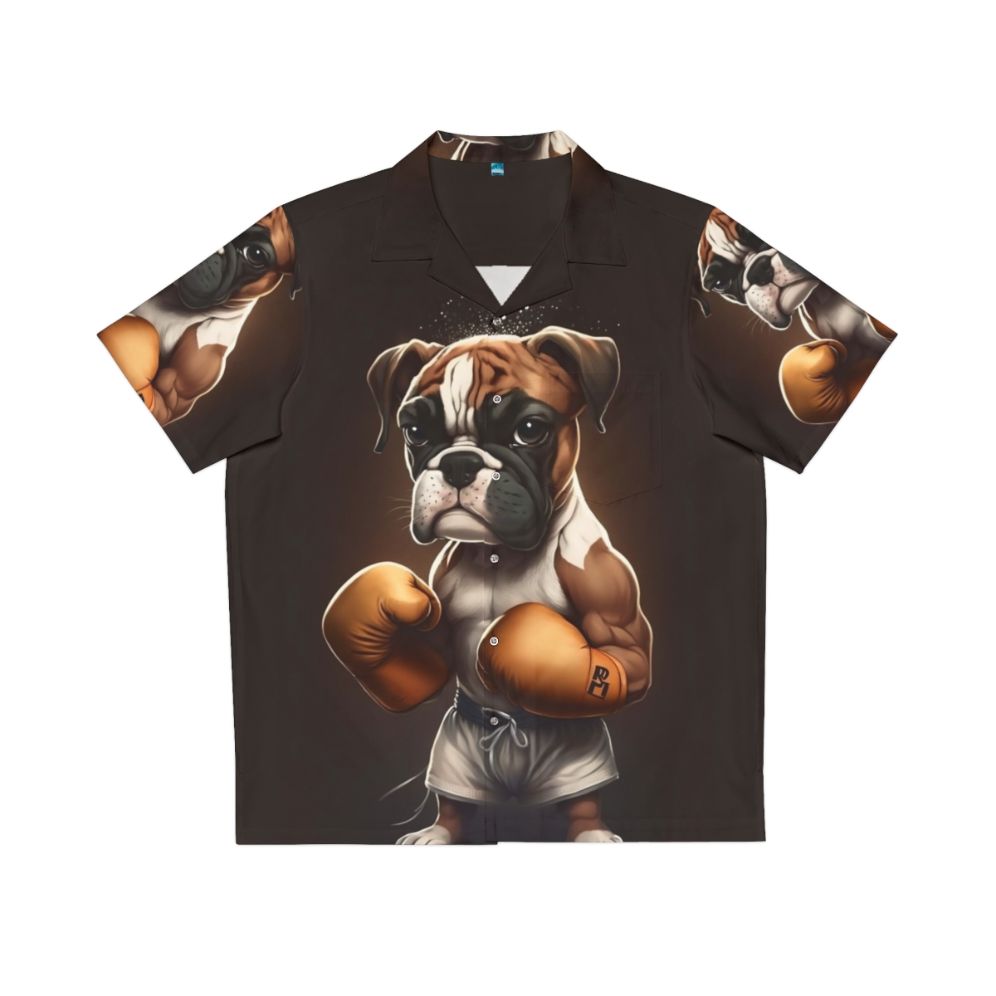 Boxer dog wearing a Hawaiian boxing-inspired shirt