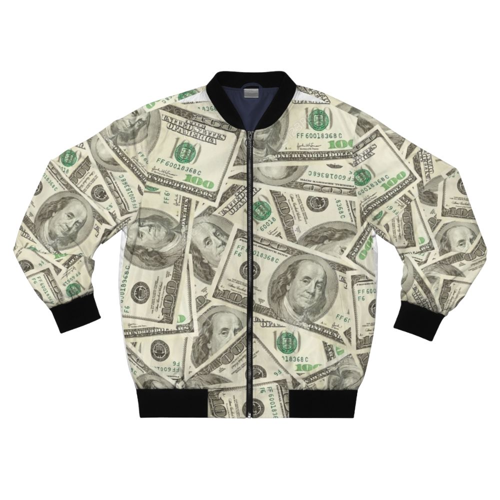 100 dollar bills bomber jacket with graphic pattern and benjamin franklin design