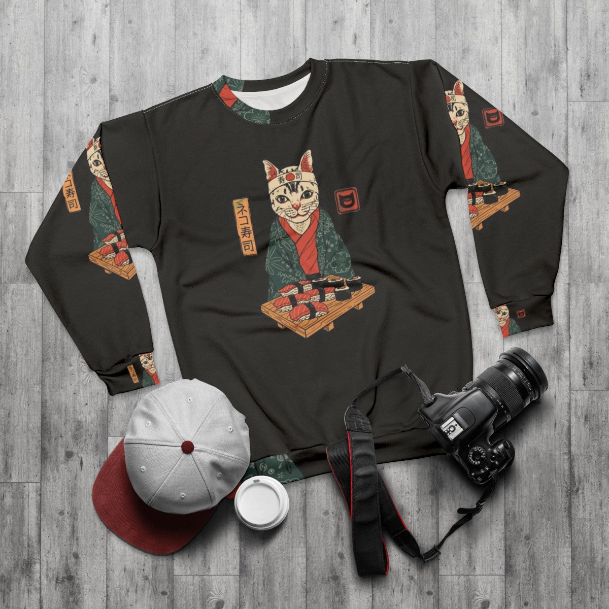 Neko Sushi Bar Sweatshirt featuring a cute cat with sushi elements - flat lay