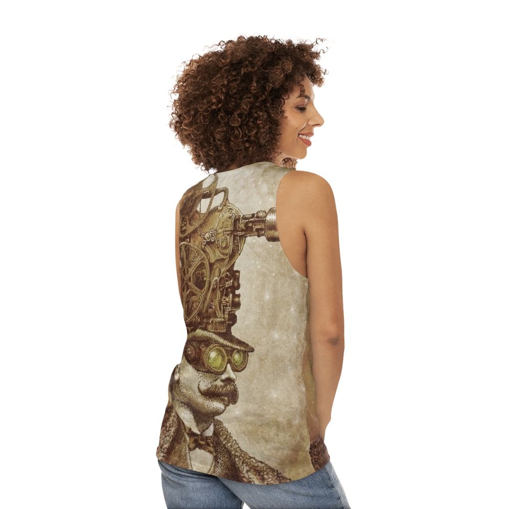 Unisex steampunk tank top with fantasy illustration of a movie projector - women back