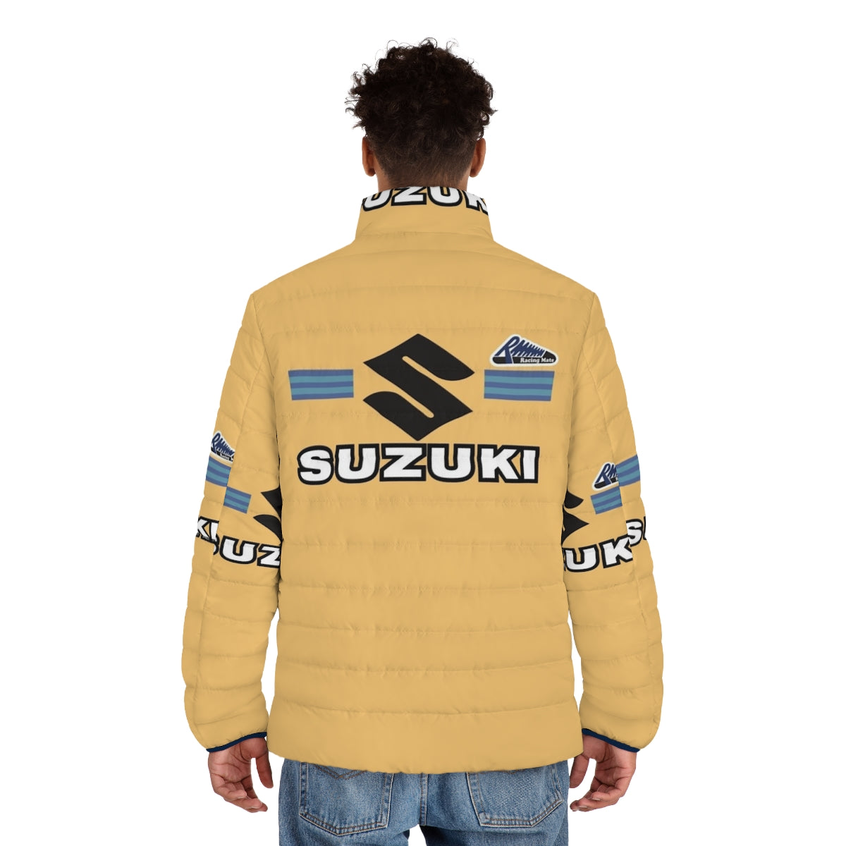 Vintage-inspired puffer jacket with motorcycle graphics - men back