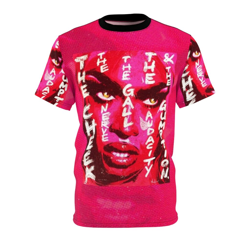 Colorful t-shirt featuring a pop art design inspired by Tayce, a popular drag queen from RuPaul's Drag Race UK.