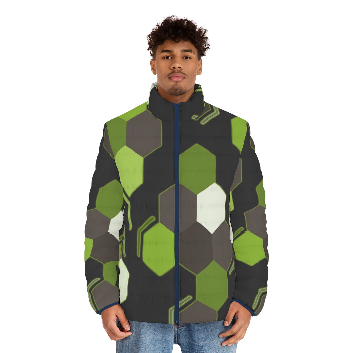 Hexagonal scales puffer jacket with Zygarde-inspired geometric design - men front