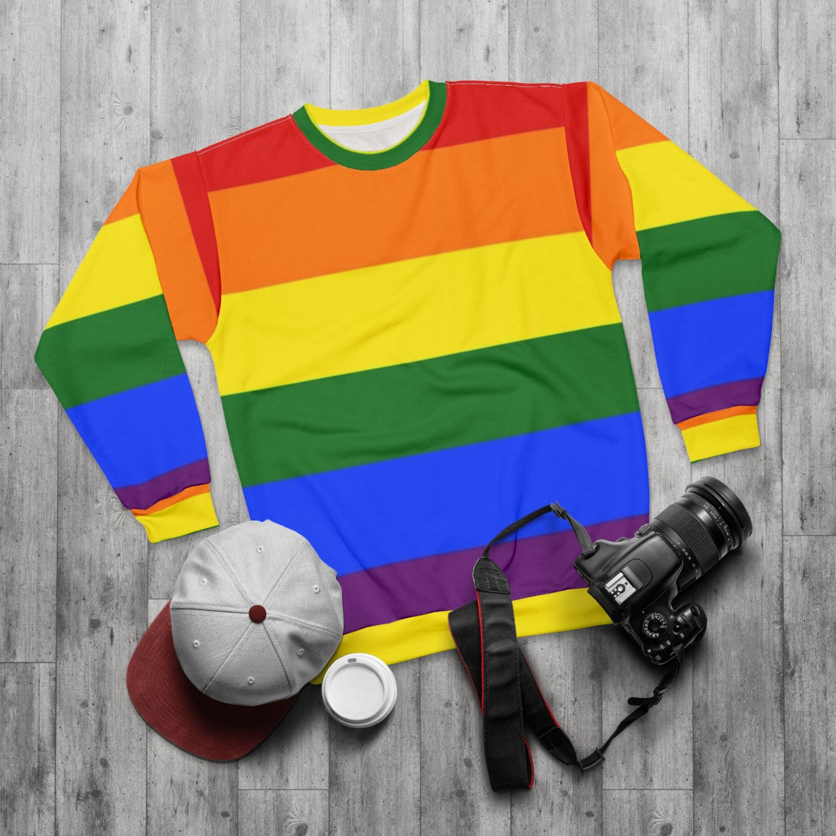 Colorful rainbow LGBTQ pride sweatshirt - flat lay