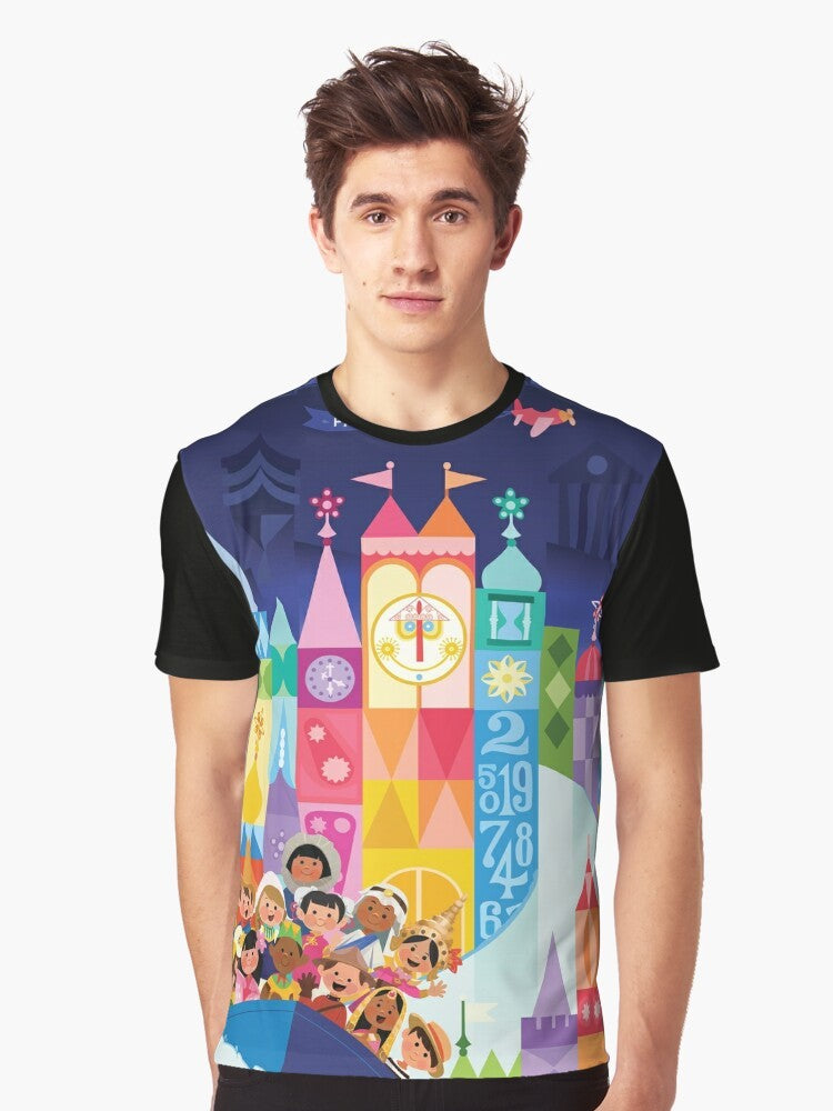 A vibrant and whimsical graphic t-shirt featuring a small world fantasyland with boats, cities, and a childish world filled with vector art, anime, and children's illustration. - Men