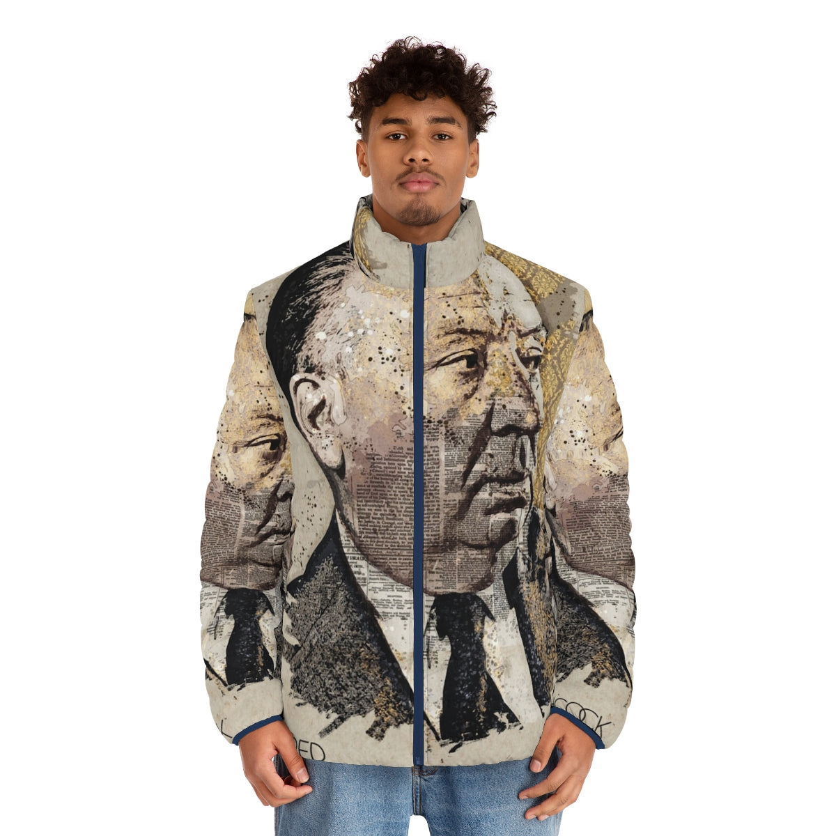 Alfred Hitchcock inspired puffer jacket with movie-themed graphics - men front