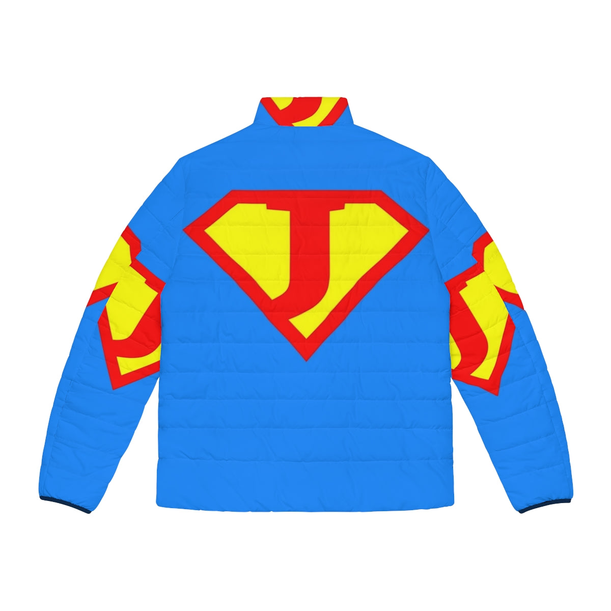 Super Letter A-Z Puffer Jacket featuring comic book-inspired superhero designs - Back