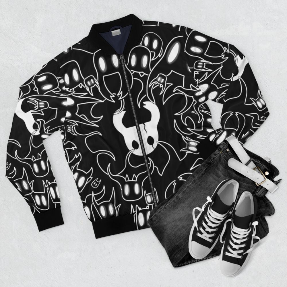 Hollow Knight doodle bomber jacket with the game's iconic knight design - Flat lay