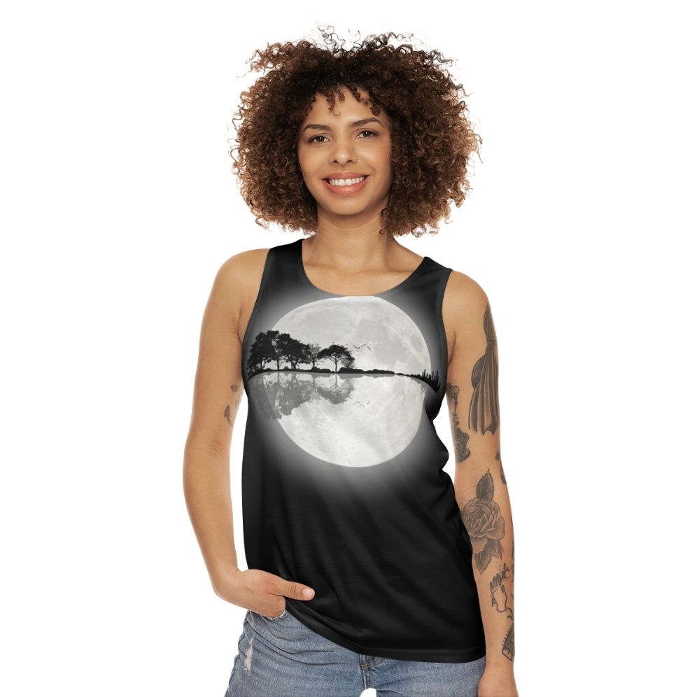 Unisex tank top with a nature-inspired guitar silhouette design - women