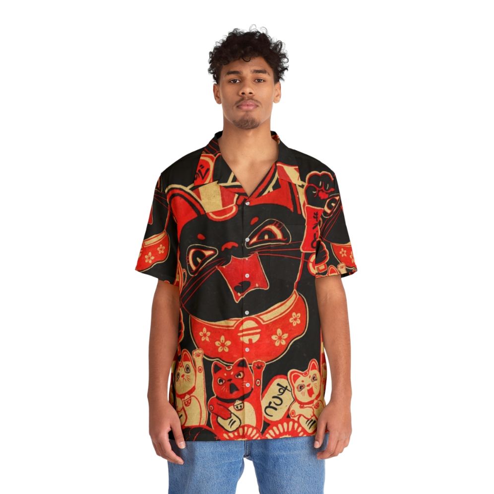 Quirky retro Hawaiian shirt with a lucky cat revolution design - People Front