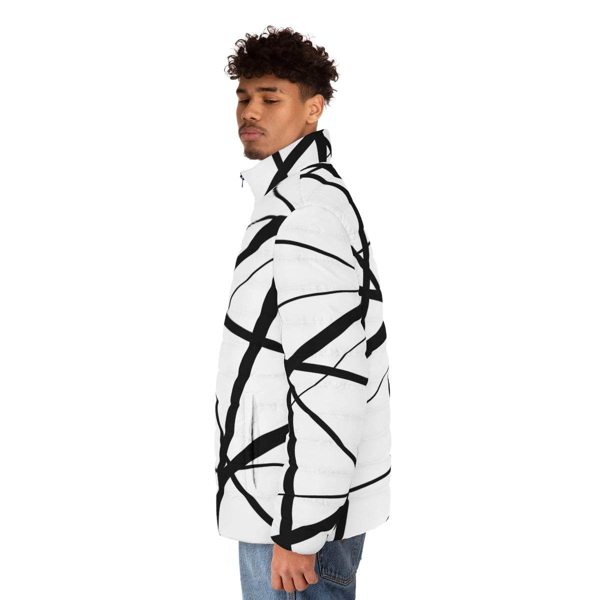 Geometric black and white puffer jacket with abstract line art design - men side left