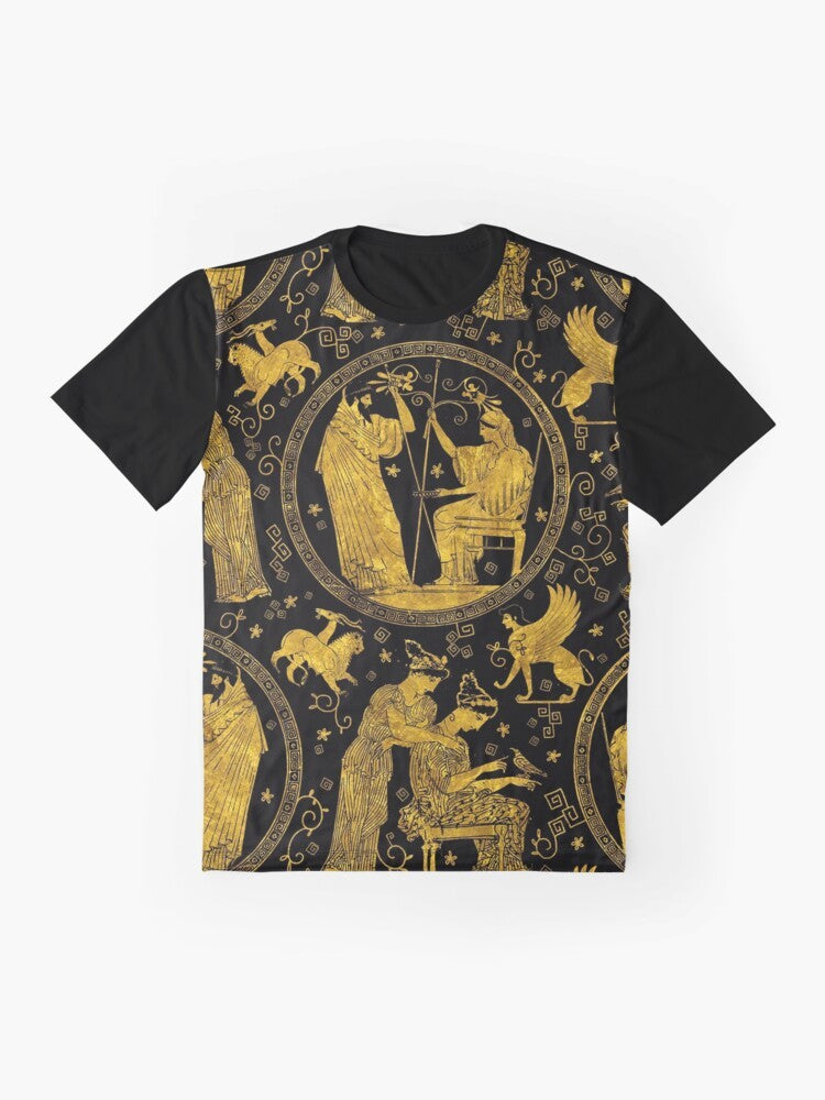 Ancient Greek art inspired graphic t-shirt with mythology and history elements - Flat lay