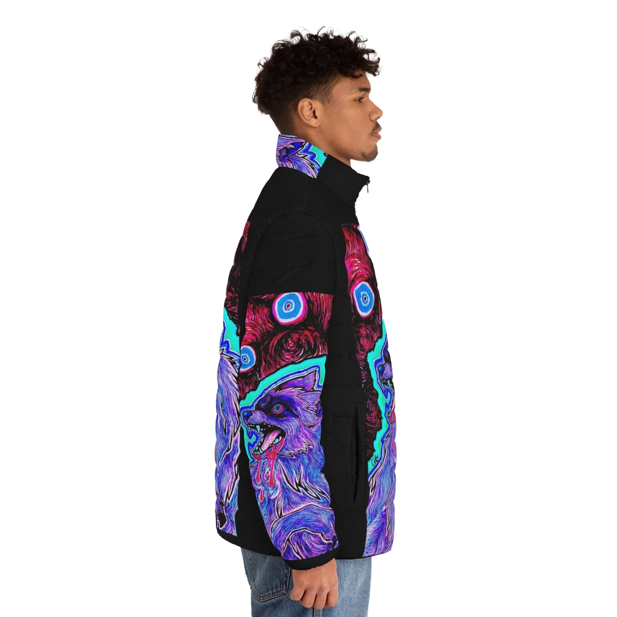 Psychedelic puffer jacket with surreal animal head design - men side right