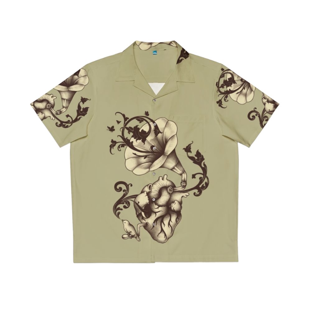 Surreal Hawaiian shirt with heart anatomy, gramophone, and nature elements