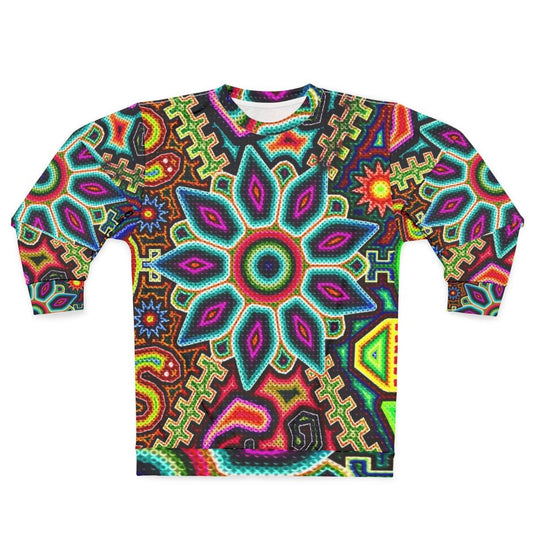 Huichol art inspired Mexican sweatshirt with vibrant colors and prehispanic design