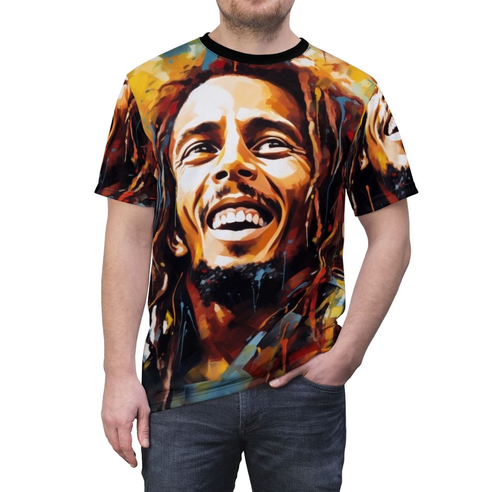 Bob Marley-inspired artwork printed on a high-quality t-shirt - men front