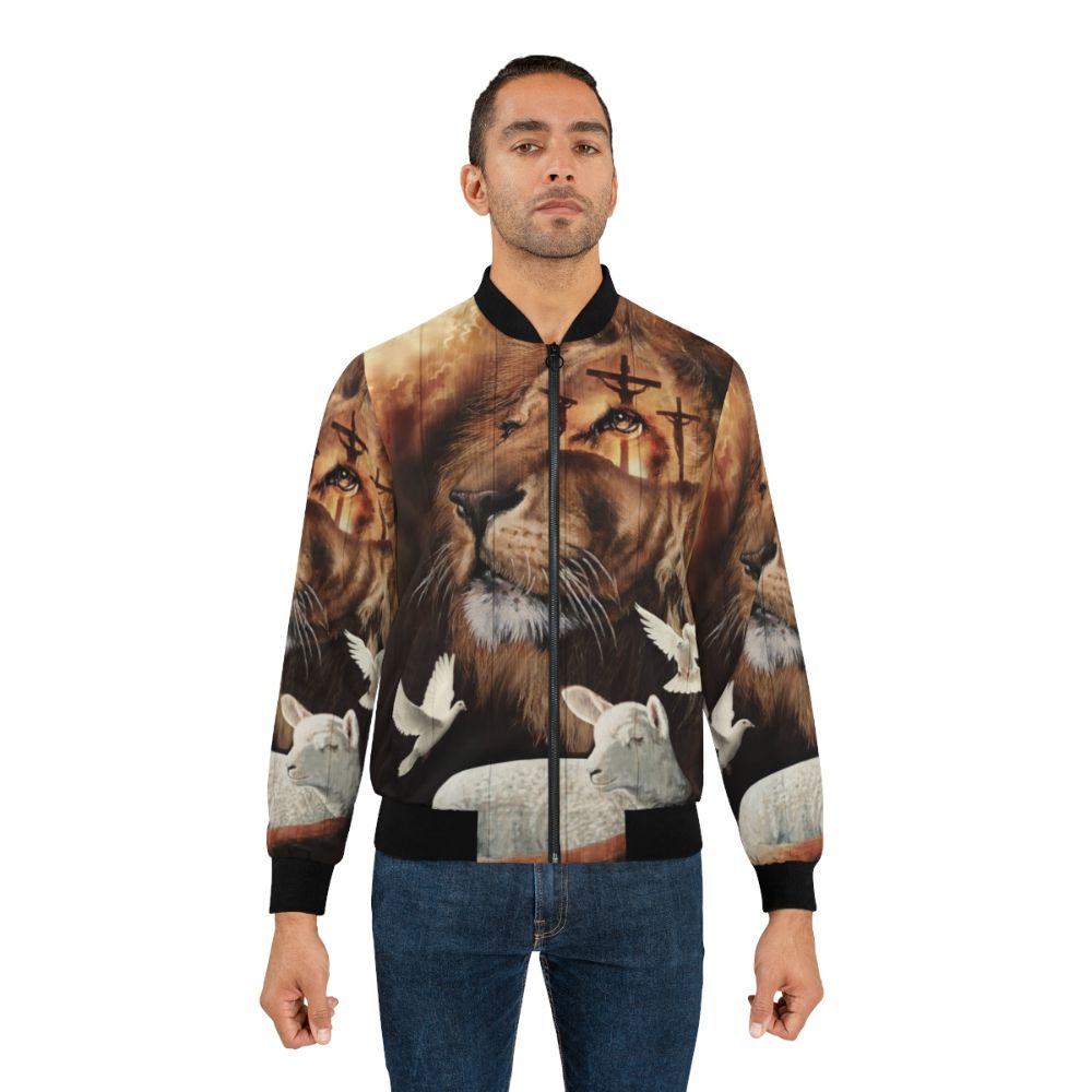 Christian bomber jacket featuring the Lion of Judah and the Lamb of God - Lifestyle