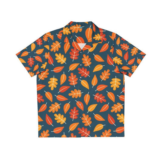 Retro autumn leaves Hawaiian shirt in indigo blue