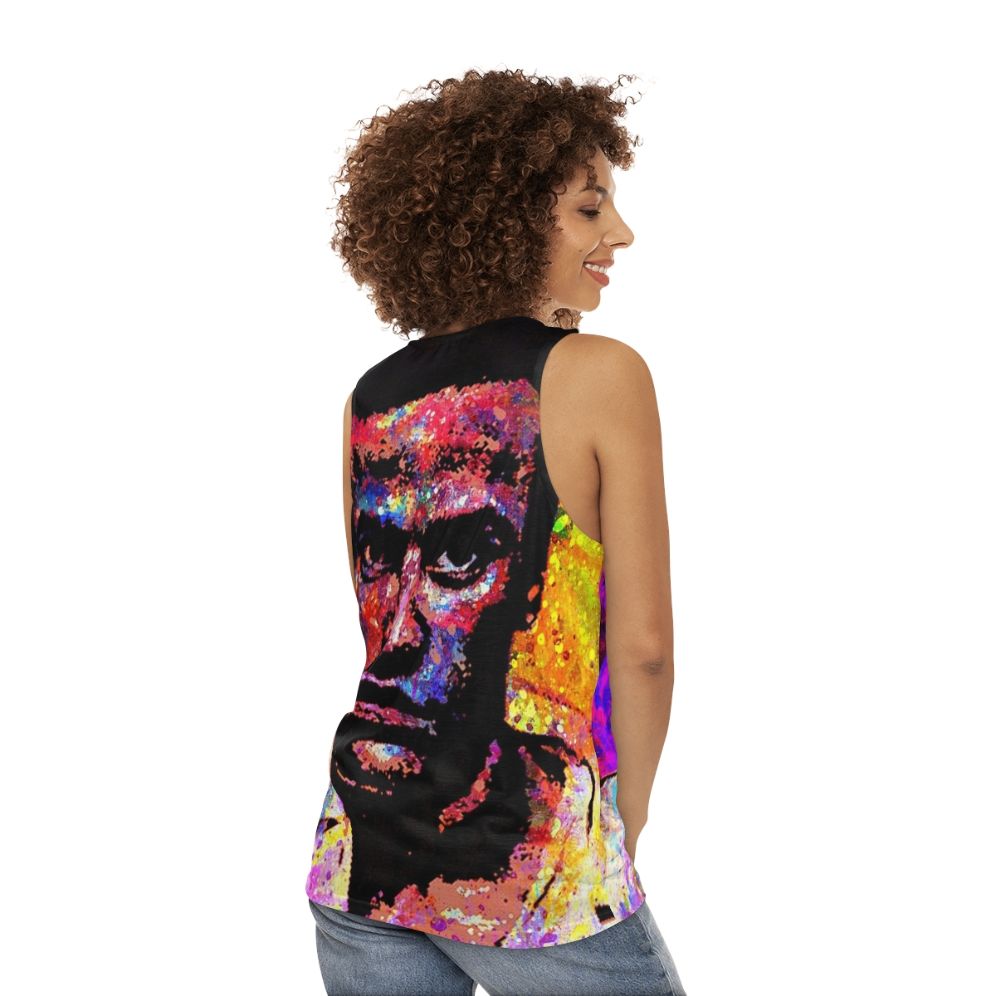 Huey P Newton portrait on unisex black tank top - women back