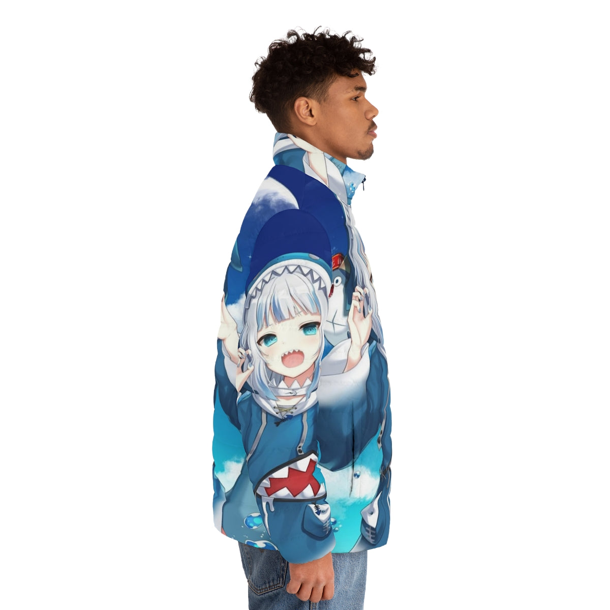 Gawr Gura Hololive anime-inspired puffer jacket with chibi character design - men side right