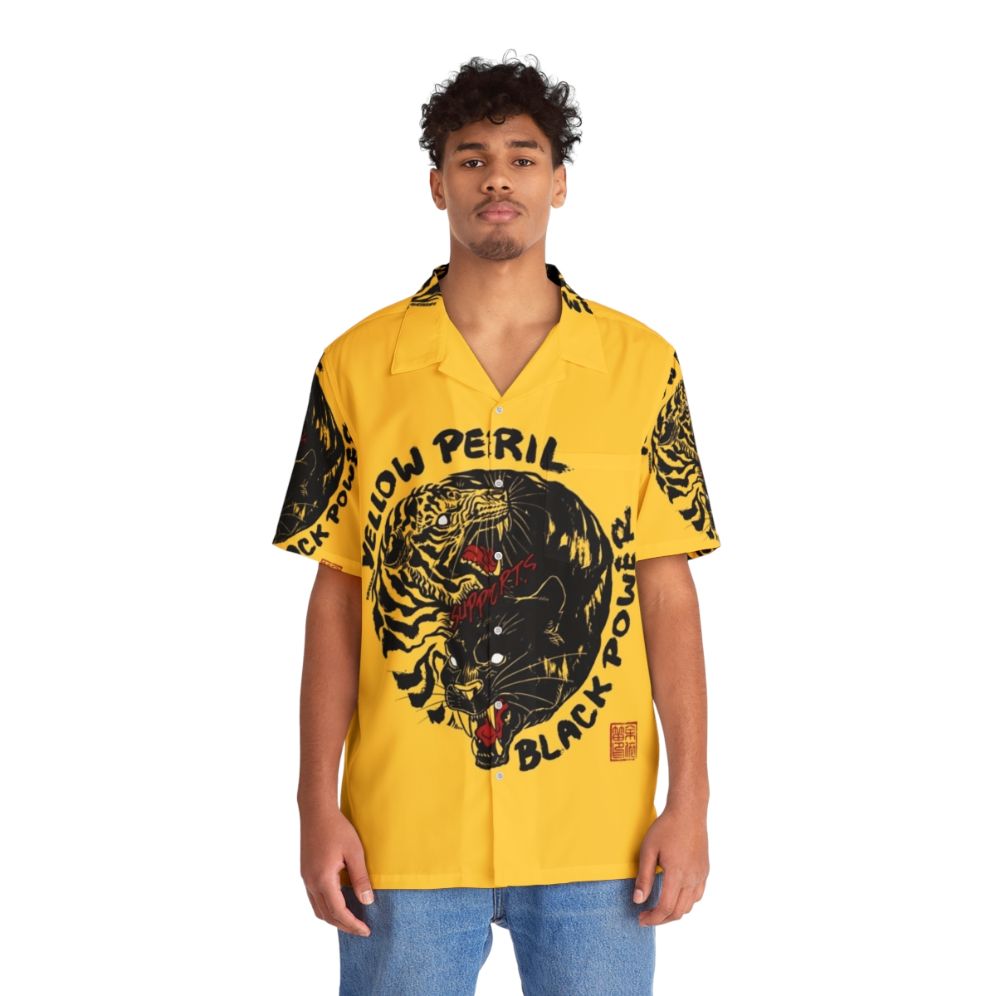 Black power Hawaiian shirt with yellow and black tiger print - People Front