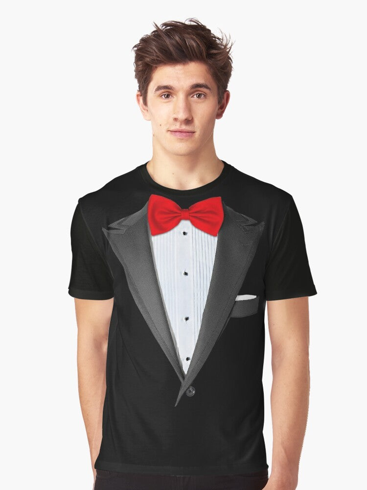 Realistic tuxedo graphic t-shirt for men, featuring a detailed tuxedo design. - Men