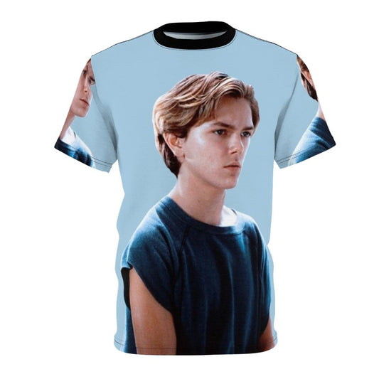 Artistic portrait of River Phoenix, a beloved actor from the 80s and 90s, on a high-quality t-shirt