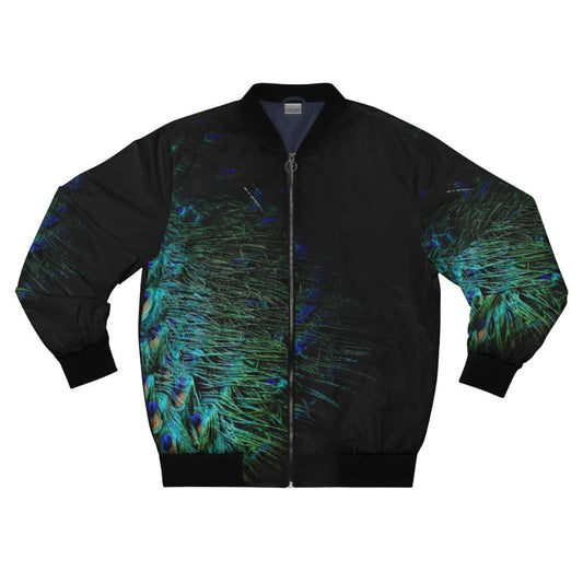 Peacock feathers printed on a black bomber jacket with a modern, abstract design.