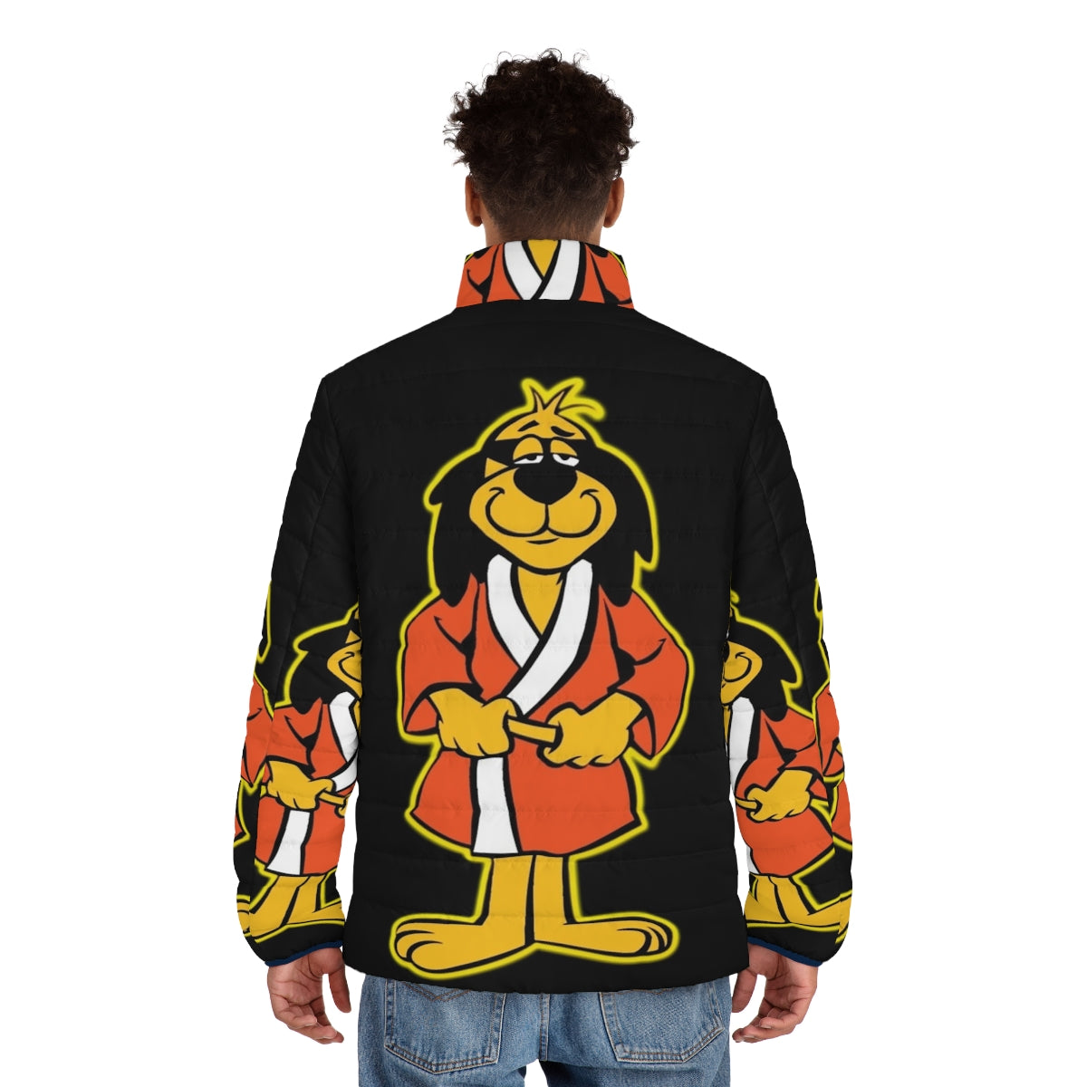 Hong Kong Phooey character wearing a black puffer jacket - men back