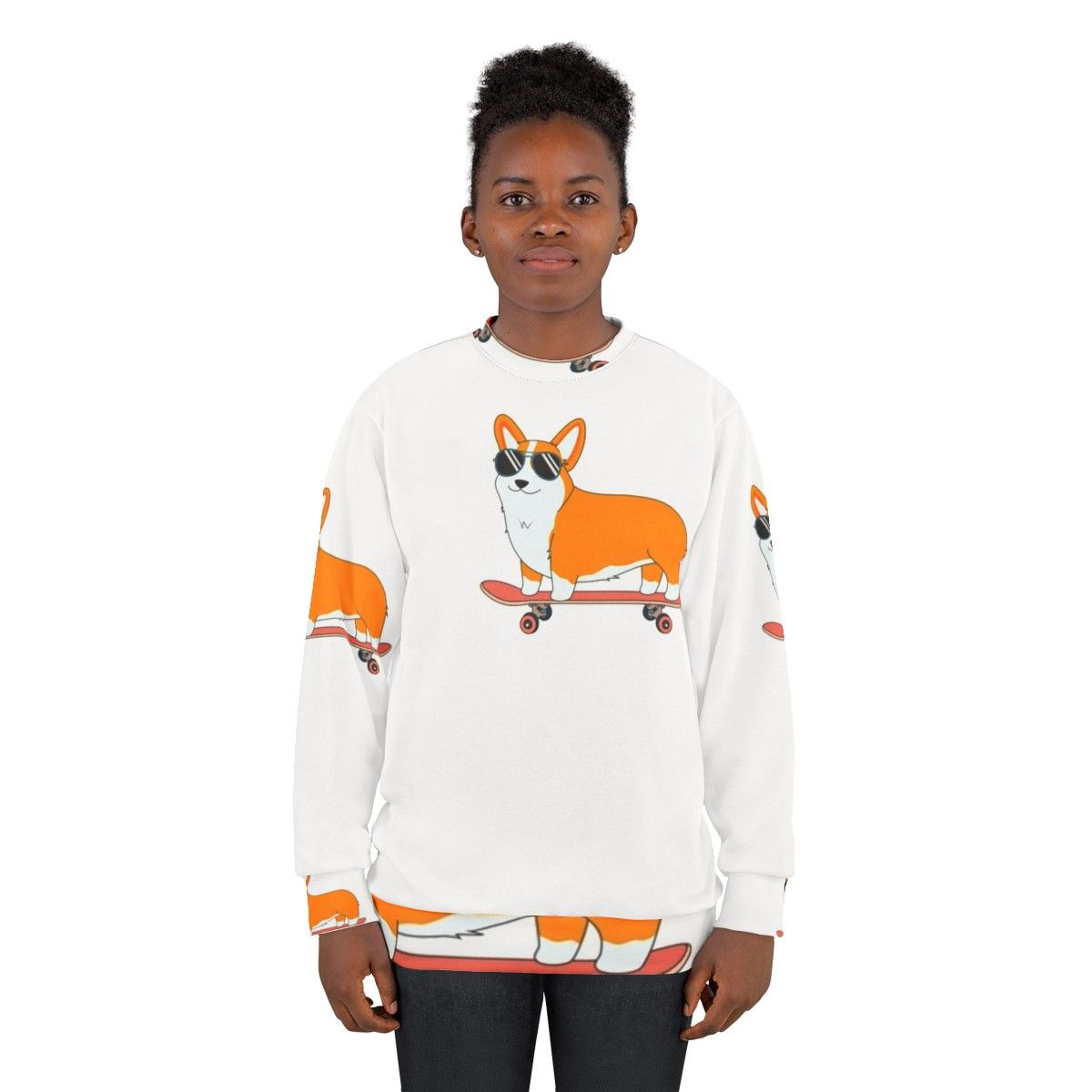 Corgi skater sweatshirt with digital vector graphics - women