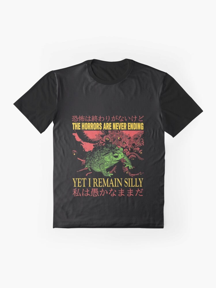 Vintage frog graphic t-shirt with a humorous and inspirational design for frog lovers - Flat lay