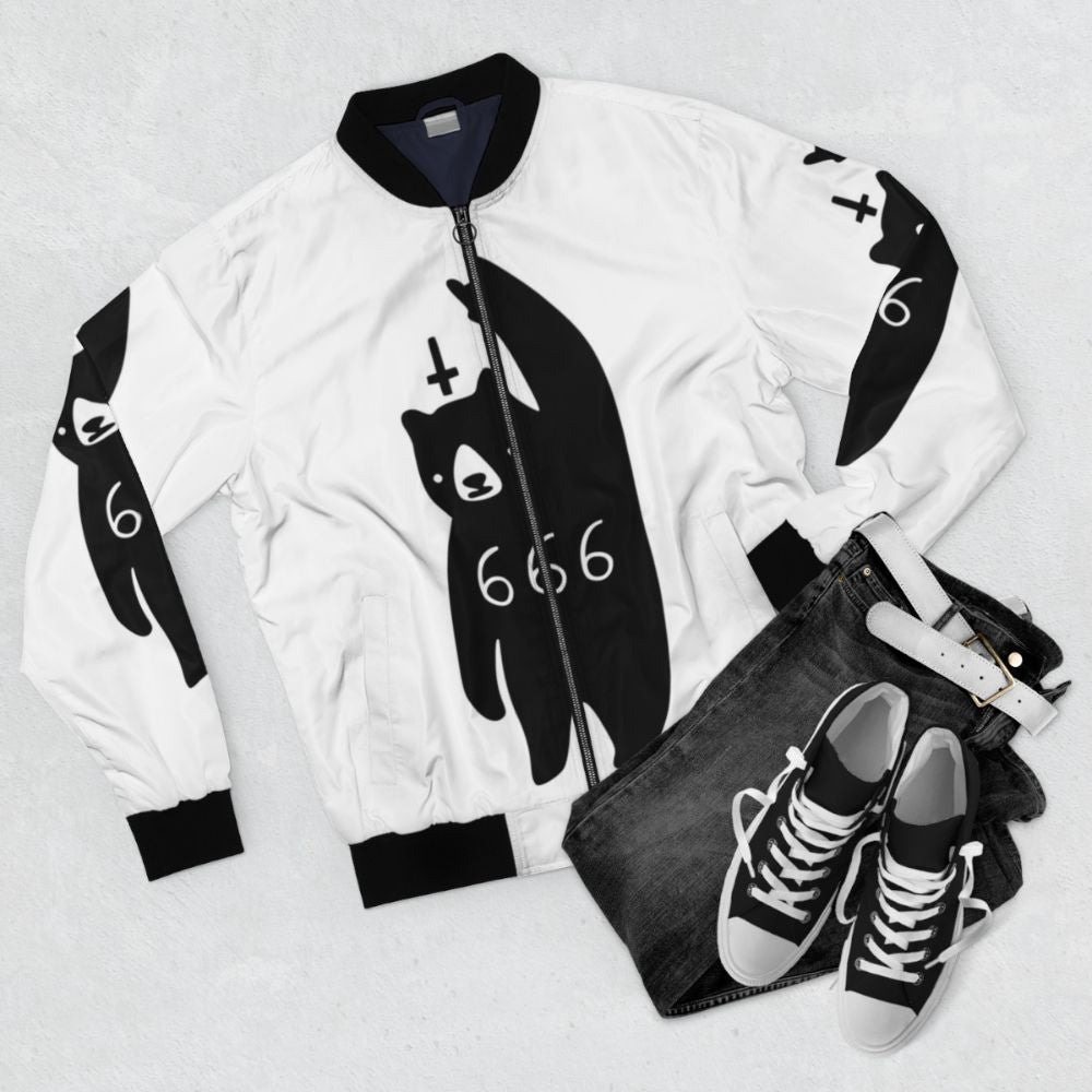 Black Bear Metal Bomber Jacket with Devil Horns and 666 Design - Flat lay