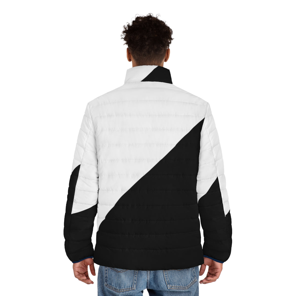 Diagonal half white and black puffer jacket with abstract geometric pattern - men back