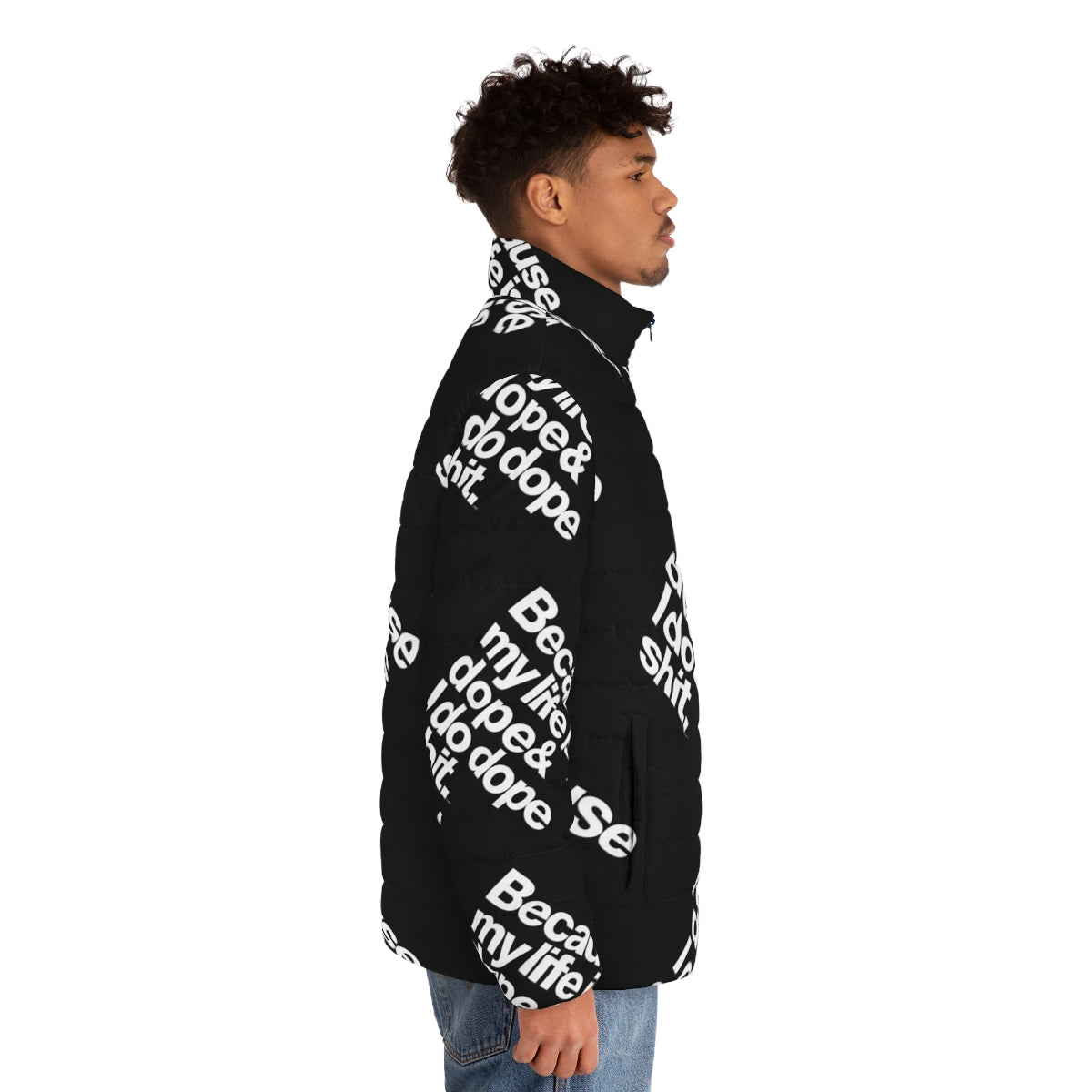 Kanye West inspired puffer jacket with "My Life is Dope" quote - men side right