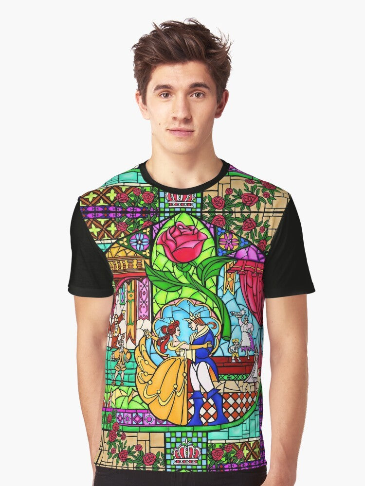 Stained glass window graphic t-shirt with fairytale beauty and beast design - Men