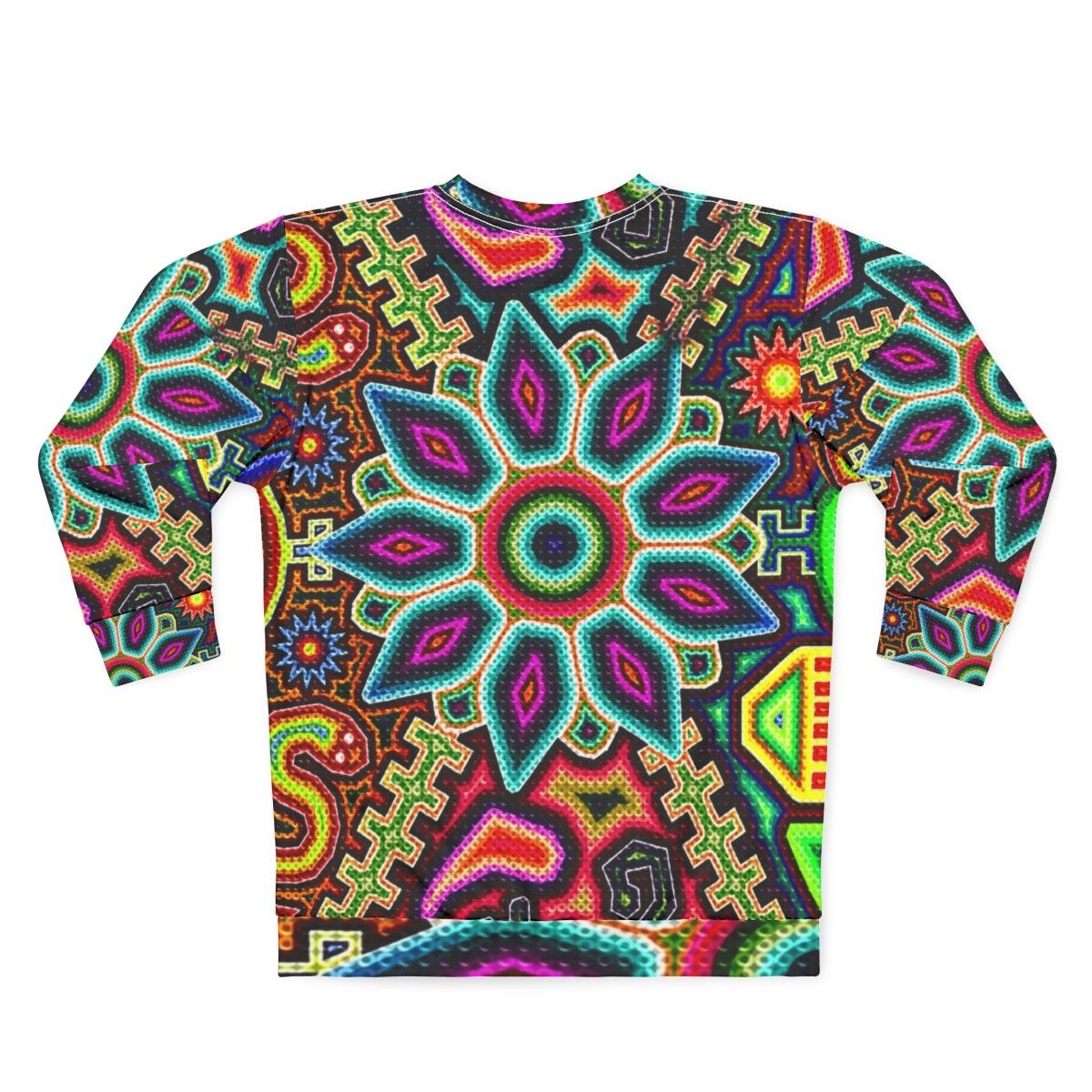 Huichol art inspired Mexican sweatshirt with vibrant colors and prehispanic design - Back