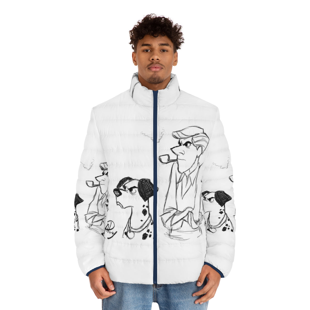 Pongo and Roger 101 Dalmatians inspired puffer jacket with digital sketch art - men front