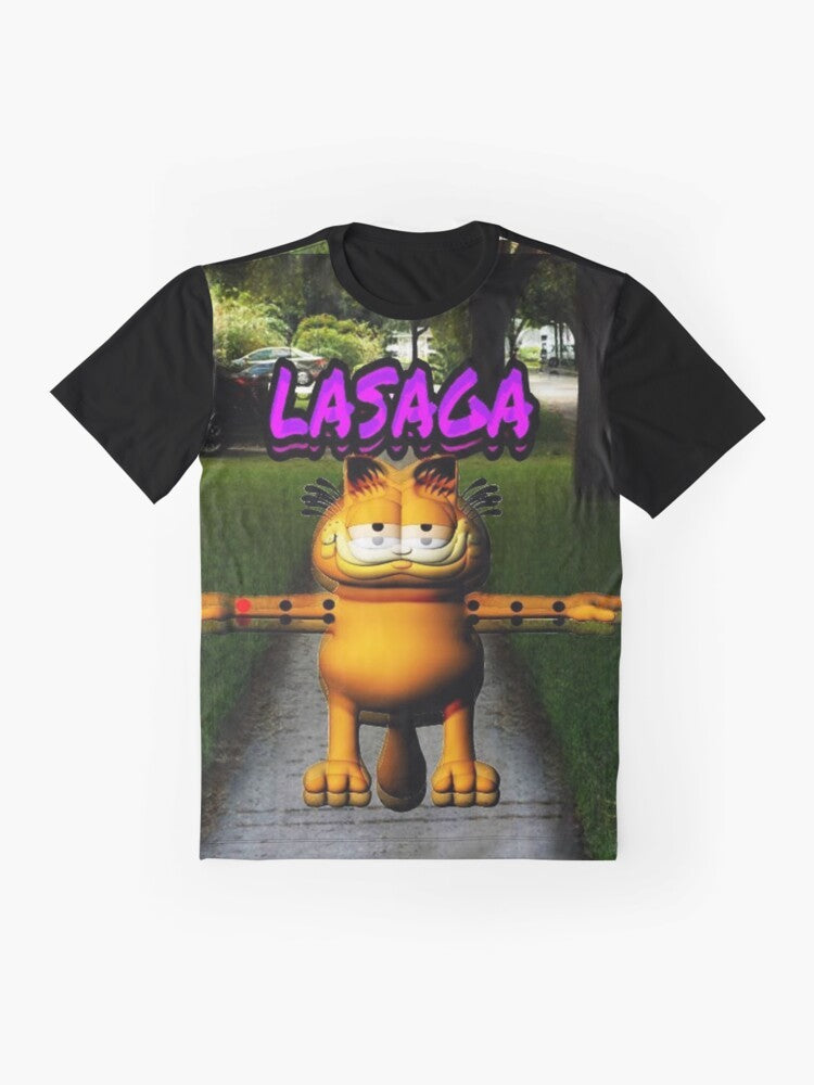 Lasagna graphic t-shirt featuring Garfield in a t-pose meme style - Flat lay